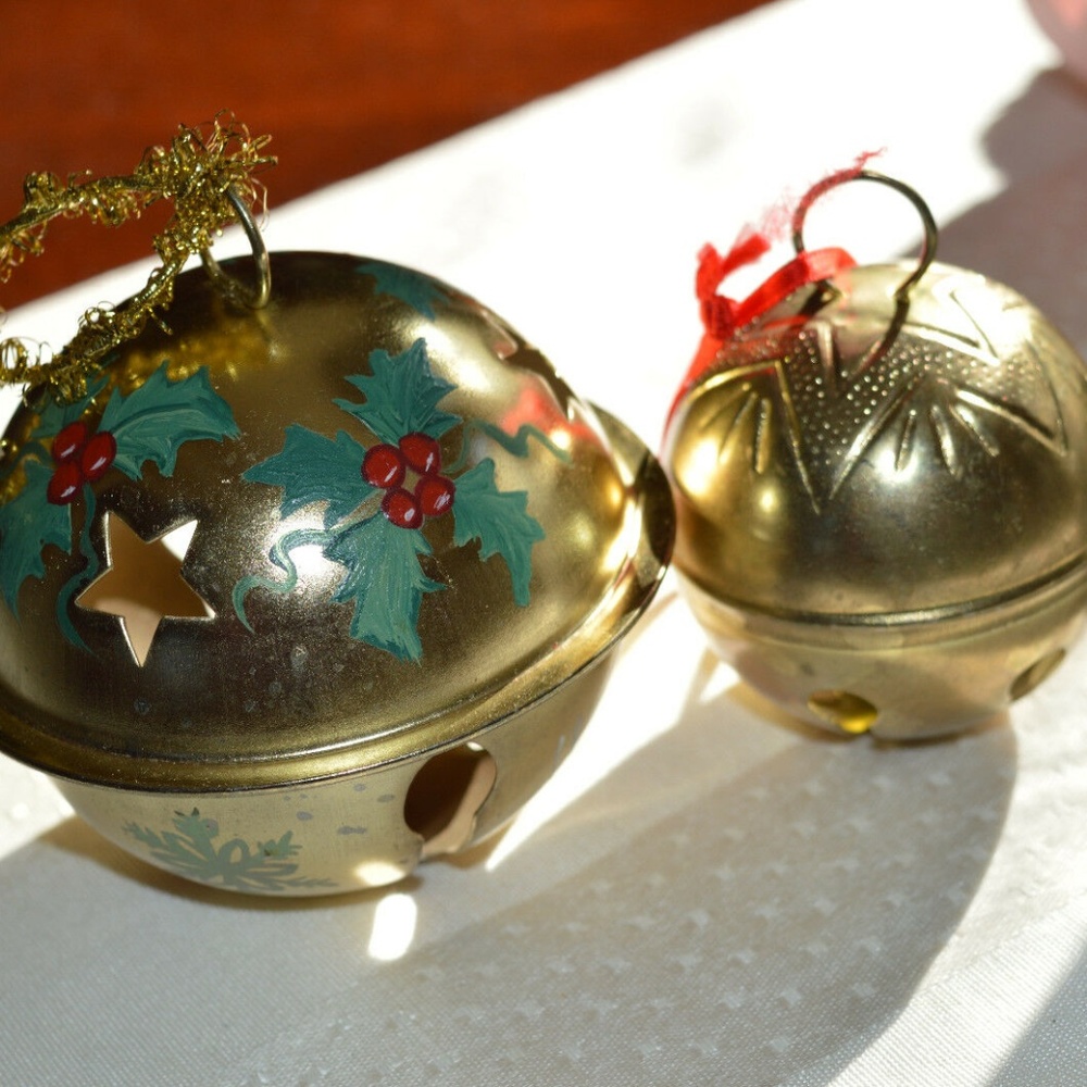 2 Vintage Ornaments Gold Tone Hand Painted Holly